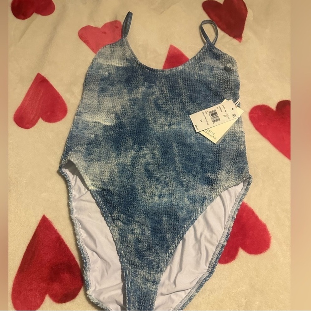 Good American Textured Blue One Piece Swimsuit